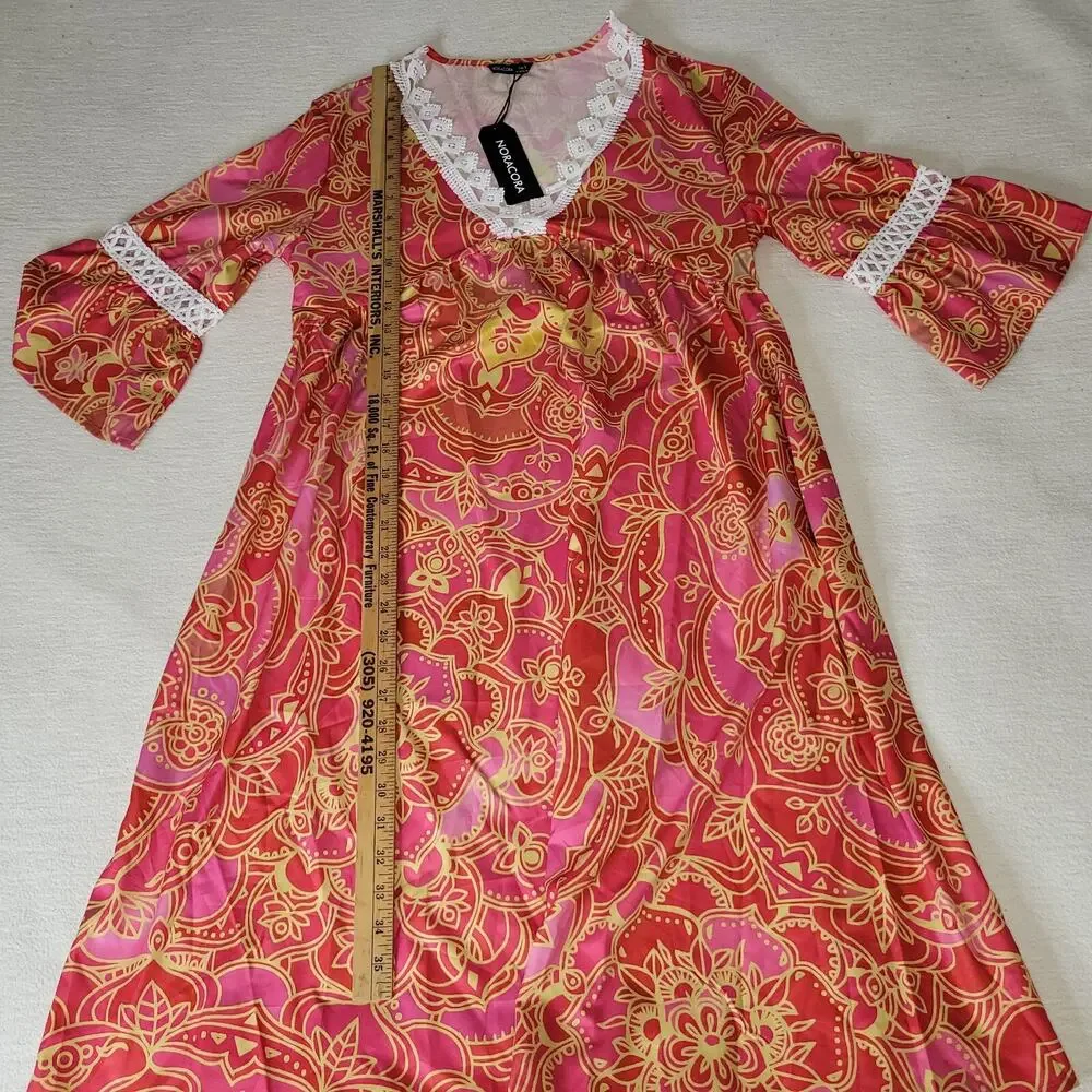 Noracora Dress Womans Small Lagenlook Flower Pink Lacey Cottagecore Boho Grandma